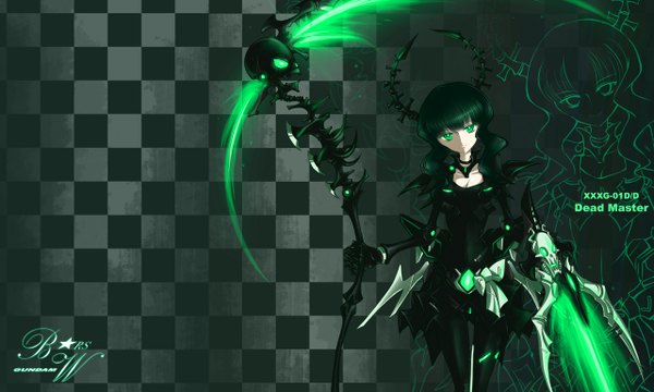 Anime picture 1280x768 with black rock shooter dead master single black hair wide image green eyes green hair checkered checkered background girl weapon skull scythe