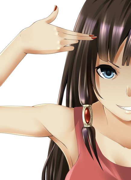 Anime picture 1710x2356 with original akije hirodi single long hair tall image looking at viewer highres blue eyes simple background smile brown hair white background bare shoulders nail polish fingernails teeth head out of frame bang girl hair tubes