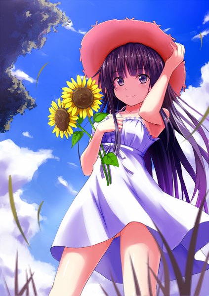 Anime picture 1000x1419 with original oruna single long hair tall image looking at viewer blush blue eyes smile sky purple hair cloud (clouds) girl plant (plants) hat grass sundress sunflower