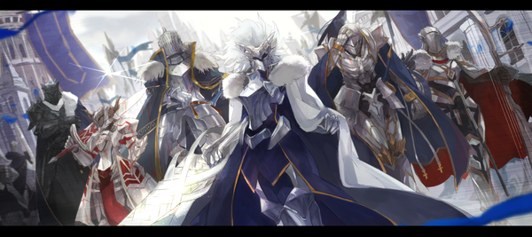 Anime picture 2000x892 with fate (series) fate/grand order fate/stay night fate/apocrypha fate/extra artoria pendragon (all) mordred (fate) artoria pendragon (lancer) gawain (fate) lancelot (fate/grand order) tristan (fate) agravain (fate) mono (jdaj) highres wide image standing multiple girls multiple boys fur trim letterboxed