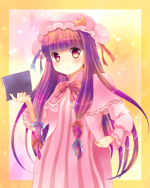 Anime picture 1024x1280 with touhou patchouli knowledge monchi (kashiwa2519) single long hair tall image blush smile purple eyes purple hair crescent girl bow ribbon (ribbons) hair ribbon book (books) insect butterfly bonnet