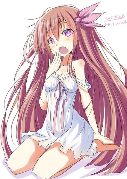 Anime picture 992x1403 with kantai collection kisaragi destroyer hizaka single tall image fringe open mouth simple background hair between eyes brown hair white background sitting purple eyes bare shoulders cleavage very long hair barefoot bare legs alternate costume twitter username