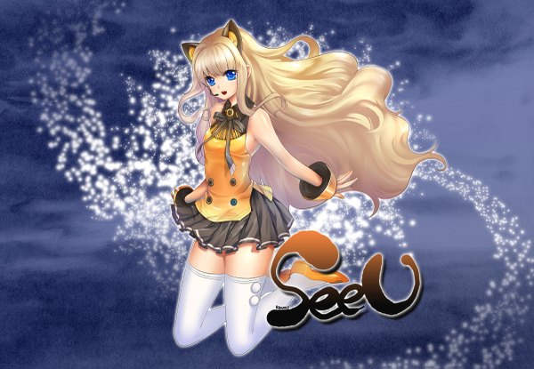 Anime picture 1200x831 with vocaloid seeu rewolf (artist) single long hair blue eyes blonde hair animal ears cat ears girl thighhighs skirt miniskirt white thighhighs bracelet