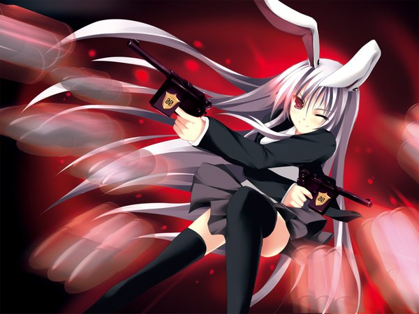 Anime picture 1750x1313 with touhou reisen udongein inaba highres smile animal ears white hair one eye closed wink bunny ears zettai ryouiki bunny girl girl weapon