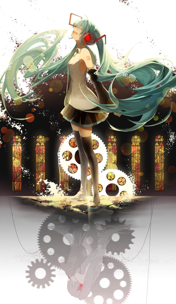 Anime picture 2059x3561 with vocaloid hatsune miku saihate (d3) single tall image fringe highres open mouth hair between eyes standing twintails full body eyes closed very long hair profile pleated skirt green hair tattoo sleeveless floating hair