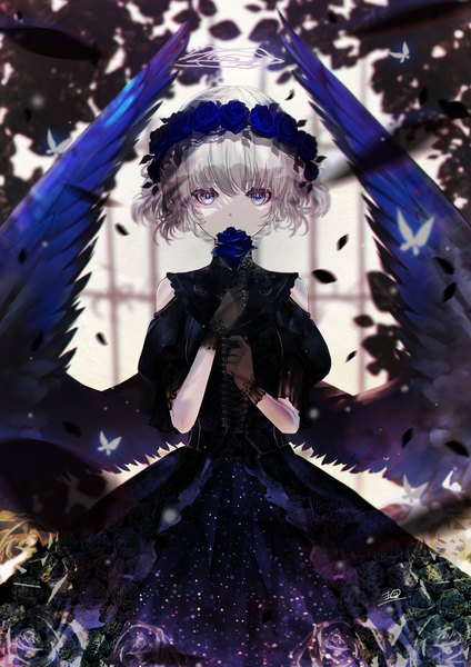 Anime picture 2480x3508 with original sanamisa single tall image looking at viewer fringe highres short hair standing holding silver hair covered mouth multicolored eyes angel gothic girl dress gloves flower (flowers) petals