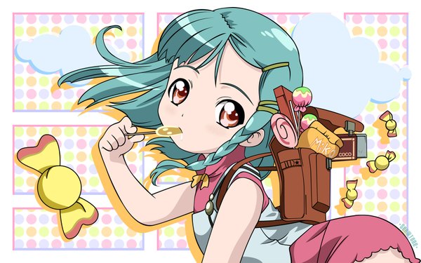 Anime picture 1680x1050 with simoun rimone single red eyes looking away braid (braids) aqua hair wallpaper side braid arched back girl food sweets candy lollipop backpack