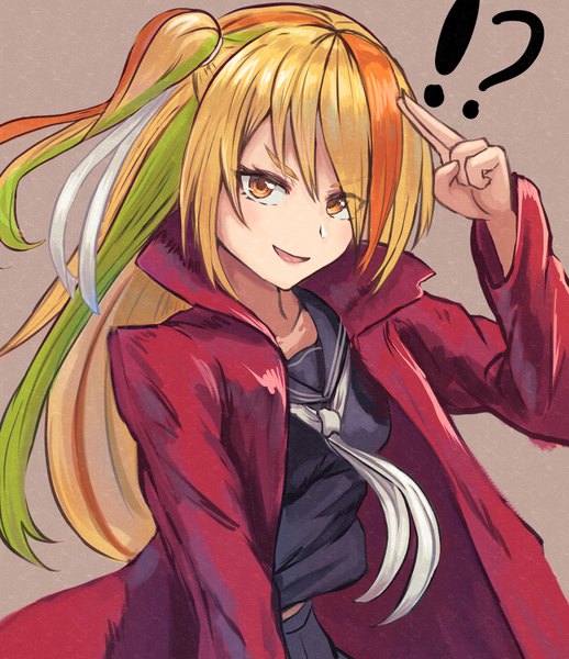 Anime picture 778x900 with zombie land saga mappa nikaidou saki hachiyayuta single long hair tall image looking at viewer fringe open mouth simple background smile multicolored hair orange hair open clothes orange eyes streaked hair one side up brown background salute