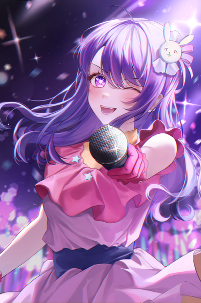 Anime picture 4104x6184 with oshi no ko hoshino ai (oshi no ko) youwon0417 single long hair tall image looking at viewer blush fringe highres open mouth hair between eyes standing purple eyes absurdres purple hair one eye closed arm up wink blurry