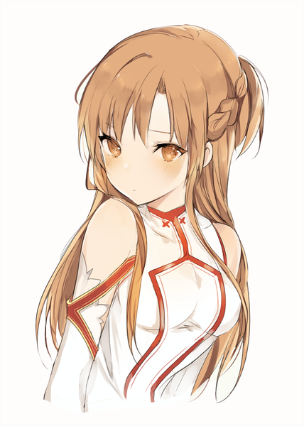 Anime picture 600x841 with sword art online a-1 pictures yuuki asuna lpip single long hair tall image looking at viewer blush fringe breasts simple background brown hair white background bare shoulders brown eyes upper body braid (braids) side braid girl