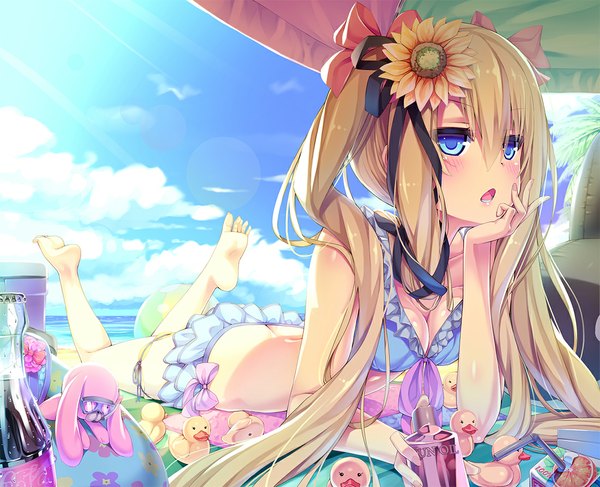 Anime picture 1100x894 with original peragura single long hair blush open mouth blue eyes light erotic blonde hair twintails sky cloud (clouds) hair flower beach chin rest girl hair ornament flower (flowers) bow ribbon (ribbons)