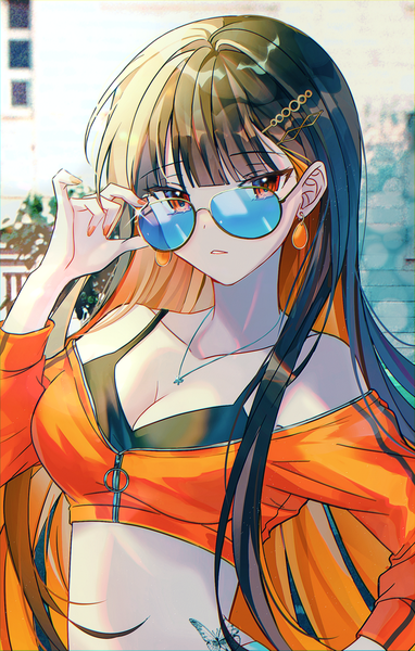 Anime picture 1200x1887 with original seno (senohime) single tall image looking at viewer fringe breasts black hair red eyes large breasts standing cleavage upper body outdoors blunt bangs long sleeves very long hair nail polish parted lips multicolored hair