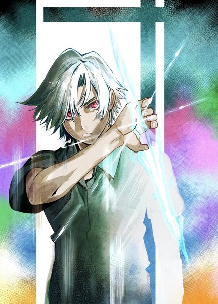 Anime picture 1194x1662 with hyouken no majutsushi ga sekai wo suberu ray white 22461016a single tall image looking at viewer fringe short hair red eyes holding upper body arm up grey hair hair over one eye official art short sleeves magic glowing boy shirt