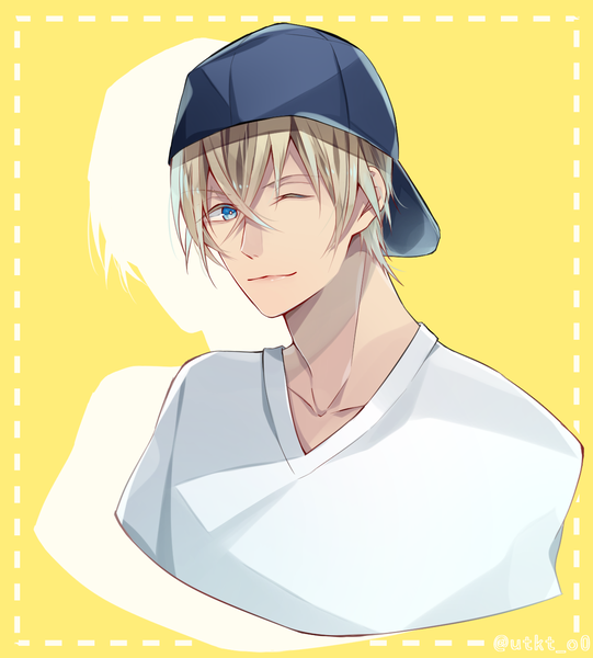 Anime picture 1216x1348 with detective conan amuro tooru utkt single tall image looking at viewer fringe short hair blue eyes simple background blonde hair smile hair between eyes signed upper body one eye closed wink twitter username portrait yellow background