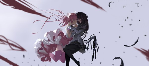 Anime-Bild 5102x2267 mit mahou shoujo madoka magica shaft (studio) akemi homura kaname madoka akuma homura xufeeg long hair highres black hair simple background wide image twintails multiple girls pink hair absurdres pink eyes short twintails demon wings magical girl hair over eyes