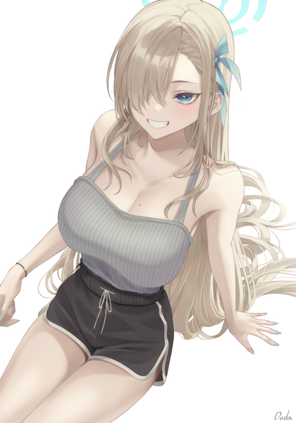 Anime picture 1000x1429 with blue archive asuna (blue archive) doda vv single tall image fringe breasts blue eyes light erotic simple background blonde hair smile large breasts white background sitting signed looking away cleavage very long hair from above