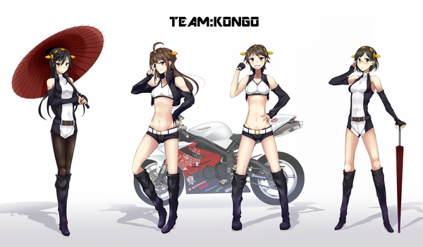 Anime picture 1400x820 with kantai collection kongou battleship haruna battleship kirishima battleship hiei battleship kotohane long hair looking at viewer blush short hair blue eyes black hair simple background brown hair wide image white background bare shoulders multiple girls brown eyes full body