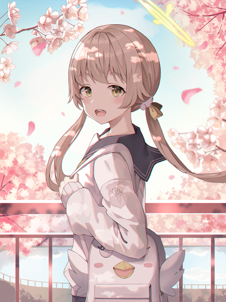 Anime picture 1000x1333 with blue archive hifumi (blue archive) peroro (blue archive) omul single long hair tall image looking at viewer blush fringe open mouth blonde hair smile standing twintails yellow eyes payot outdoors blunt bangs long sleeves