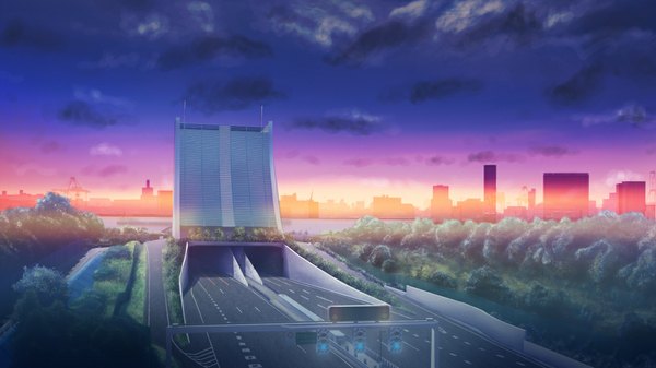 Anime picture 1067x600 with original geshi wide image sky cloud (clouds) city evening sunset cityscape no people plant (plants) tree (trees) building (buildings) road traffic lights