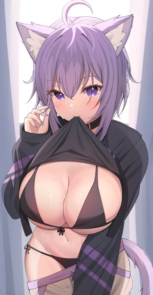 Anime picture 1480x2845 with virtual youtuber hololive nekomata okayu starfox1015 single tall image looking at viewer blush fringe short hair breasts light erotic smile hair between eyes large breasts standing purple eyes holding animal ears payot