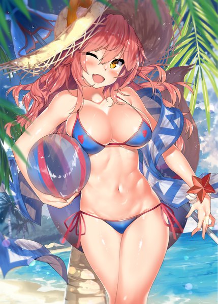 Anime picture 1241x1734 with fate (series) fate/grand order tamamo (fate) (all) tamamo no mae (swimsuit lancer) (fate) kawai (purplrpouni) single long hair tall image looking at viewer fringe breasts open mouth light erotic hair between eyes large breasts standing animal ears yellow eyes pink hair sky