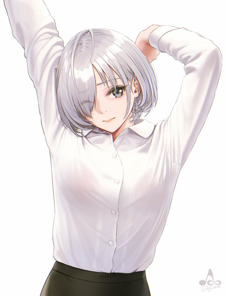 Anime picture 2870x3757 with original sashou mihiro infinote single tall image looking at viewer fringe highres short hair light erotic simple background white background signed silver hair upper body long sleeves head tilt one eye closed hair over one eye arms up