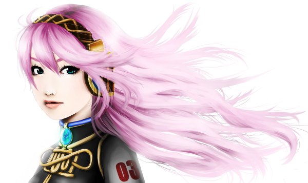 Anime picture 1200x714 with vocaloid megurine luka vesper (artist) single long hair simple background wide image white background green eyes pink hair lips realistic portrait face girl choker headphones