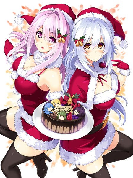 Anime picture 750x1000 with cu-no yayoi sakura rapua qive hisenkaede long hair tall image looking at viewer blush open mouth purple eyes multiple girls brown eyes purple hair white hair fur trim christmas merry christmas girl thighhighs gloves