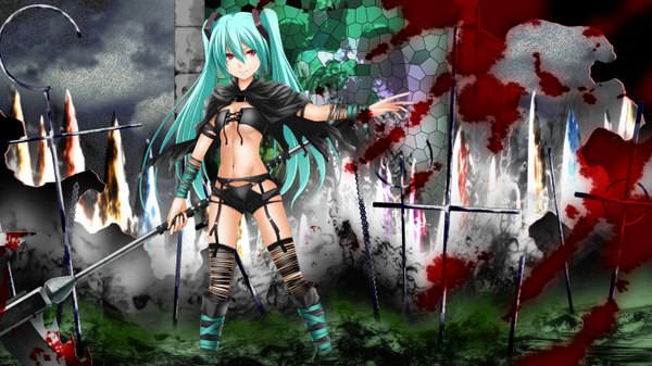Anime picture 2880x1620 with vocaloid hatsune miku kuromayu long hair highres light erotic red eyes wide image twintails aqua hair midriff girl navel weapon shorts blood cross