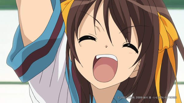 Anime picture 1920x1080 with suzumiya haruhi no yuutsu kyoto animation suzumiya haruhi highres wide image eyes closed wallpaper ^ ^ ^o^ girl tagme