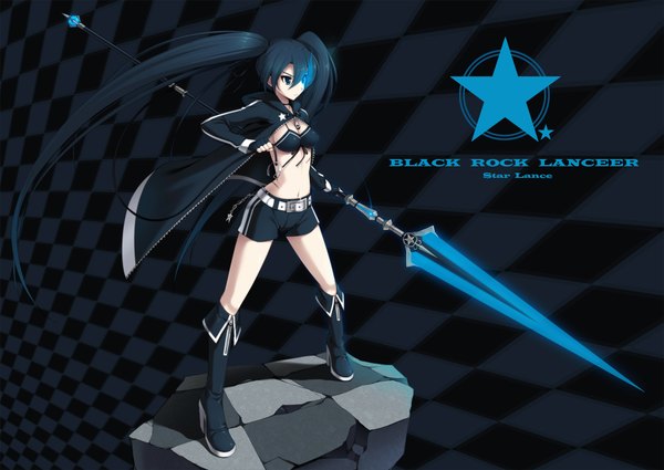 Anime picture 1835x1300 with black rock shooter black rock shooter (character) cygnus (artist) single highres blue eyes black hair very long hair inscription magic glowing glowing eye (eyes) checkered background girl weapon shorts fingerless gloves thigh boots chain cloak