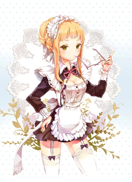 Anime picture 1280x1762 with original anmi single long hair tall image blush blonde hair green eyes maid hand on hip mouth hold holding eyewear girl thighhighs plant (plants) white thighhighs glasses hairband garter straps apron