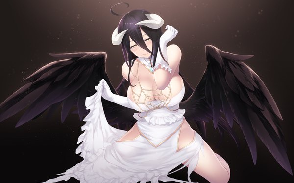 Anime picture 1920x1200 with overlord (maruyama) madhouse albedo (overlord) cait single long hair looking at viewer blush fringe highres breasts light erotic black hair simple background hair between eyes large breasts bare shoulders yellow eyes cleavage ahoge