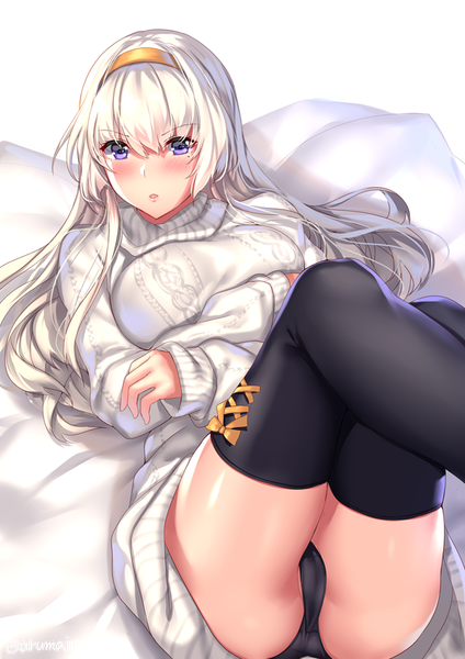 Anime picture 601x850 with original aruma jiki single long hair tall image looking at viewer blush fringe breasts open mouth light erotic simple background hair between eyes white background purple eyes signed white hair lying mole on back