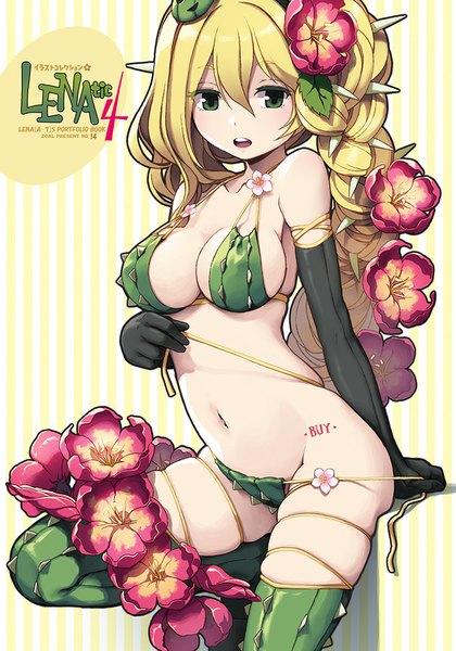 Anime picture 700x1000 with lena (zoal) tall image open mouth light erotic blonde hair green eyes cleavage braid (braids) skindentation untied girl thighhighs gloves navel flower (flowers) swimsuit bikini elbow gloves side-tie bikini thorns