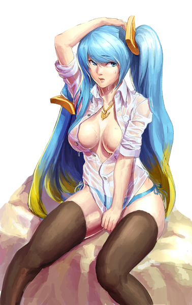 Anime picture 630x1000 with league of legends sona buvelle vzei (artist) single long hair tall image blue eyes light erotic twintails looking away cleavage multicolored hair two-tone hair wet transparent background girl thighhighs underwear panties black thighhighs