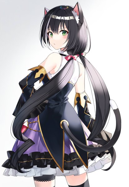 Anime picture 700x1011 with princess connect! re:dive princess connect! karyl (princess connect!) yon (letter) single long hair tall image blush fringe black hair simple background hair between eyes twintails green eyes animal ears tail animal tail looking back multicolored hair cat ears