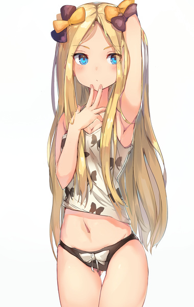 Anime picture 1445x2281 with fate (series) fate/grand order abigail williams (fate) tota (sizukurubiks) single long hair tall image looking at viewer blush breasts blue eyes light erotic simple background blonde hair standing white background cleavage arm up armpit (armpits) ass visible through thighs