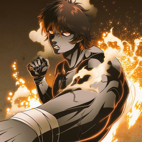 Anime picture 1215x1215 with grappler baki hanma baki godtail single looking at viewer fringe short hair simple background hair between eyes brown hair bare shoulders parted lips mole shadow orange eyes outstretched arm glowing scar topless shaded face
