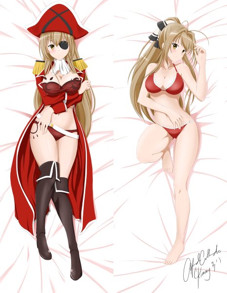 Anime picture 932x1200 with amagi brilliant park kyoto animation sento isuzu kimmy77 long hair tall image blush breasts light erotic brown hair large breasts yellow eyes full body bent knee (knees) ponytail barefoot dakimakura (medium) dual persona girl navel