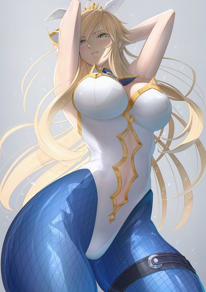 Anime picture 1063x1500 with fate (series) fate/grand order artoria pendragon (all) artoria pendragon (swimsuit ruler) (fate) imizu (nitro unknown) single long hair tall image looking at viewer blush fringe breasts light erotic simple background blonde hair hair between eyes large breasts standing green eyes animal ears