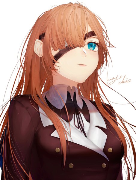 Anime picture 1550x2048 with fate (series) fate/grand order ophelia phamrsolone koyo akio single long hair tall image fringe simple background brown hair white background upper body aqua eyes hair over one eye girl eyepatch