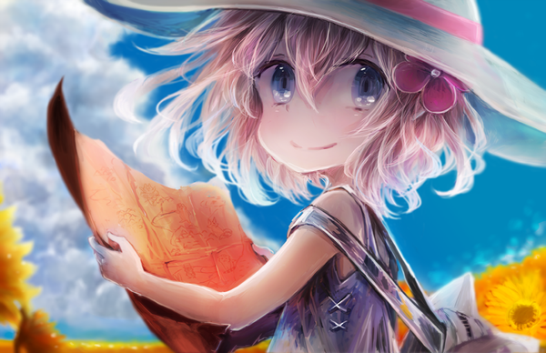 Anime picture 900x582 with original mari (milkuro-cat) single looking at viewer blush short hair blue eyes smile bare shoulders pink hair sky cloud (clouds) hair flower girl hair ornament flower (flowers) backpack hat ribbon map