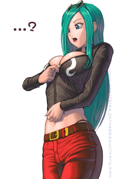 Anime picture 700x1100 with street fighter street fighter 3 capcom remy (street fighter) nekkeau single long hair tall image breasts open mouth blue eyes light erotic simple background large breasts standing white background payot green hair midriff sunglasses on head