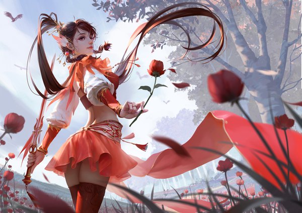 Anime picture 3840x2715 with legend of the three kingdoms rui li single highres red eyes brown hair looking away absurdres ponytail braid (braids) long sleeves very long hair light smile from behind realistic turning head girl thighhighs skirt hair ornament