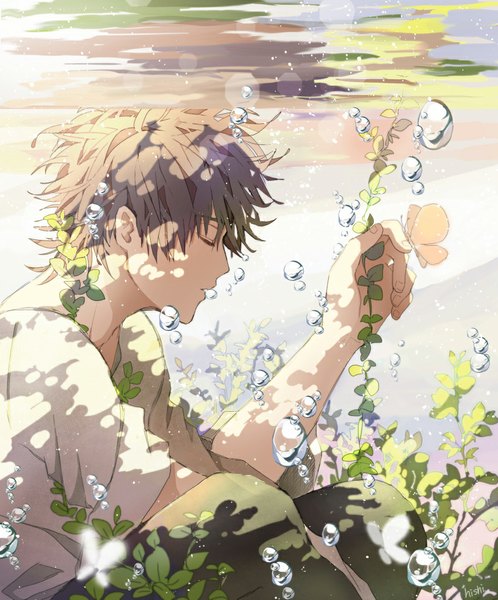Anime picture 850x1023 with original hishi tall image fringe brown hair eyes closed profile sunlight underwater boy plant (plants) insect butterfly pants bubble (bubbles) t-shirt