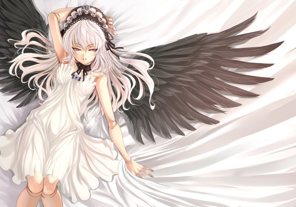 Anime picture 1476x1035 with rozen maiden suigintou shiokonbu single long hair red eyes bare shoulders white hair lying doll joints girl dress wings choker headdress white dress maid headdress doll (dolls)