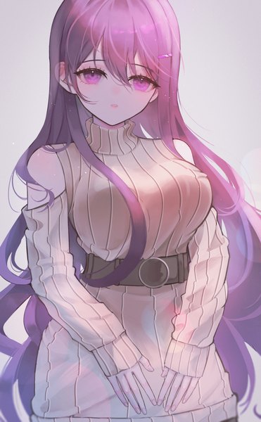 Anime picture 1748x2828 with doki doki literature club yuri (doki doki literature club) wny (wnys art) single long hair tall image looking at viewer blush fringe highres breasts simple background hair between eyes large breasts standing purple eyes bare shoulders purple hair long sleeves parted lips