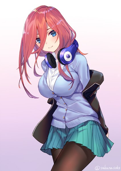 Anime picture 636x900 with go-toubun no hanayome nakano miku sakanasoko single long hair tall image looking at viewer blush fringe breasts blue eyes simple background smile hair between eyes standing signed pink hair head tilt pleated skirt off shoulder