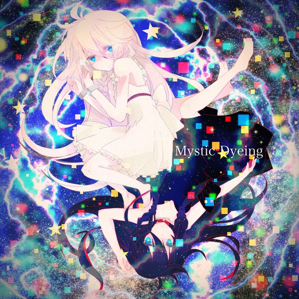 Anime picture 1000x1000 with vocaloid ia (vocaloid) hoshima looking at viewer blue eyes black hair blonde hair multiple girls ahoge bent knee (knees) lying braid (braids) very long hair barefoot inscription twin braids text english dual persona embryo's pose